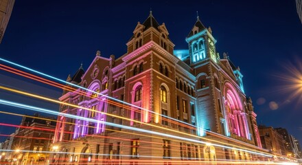 Illuminated historical building at night with dynamic car light trails creating vibrant city