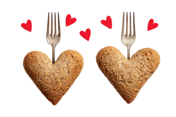 Heart Shaped Bread Pieces with Forks Isolated on Transparent Background