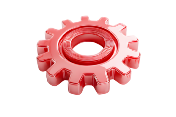 3D bright red gear cent isolated on cut out PNG or transparent background. God shape is distinct with bold red color. Gear is bright red standing out against.