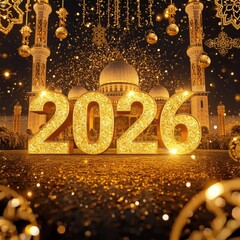 Golden 2026 New Year celebration in front of a mosque