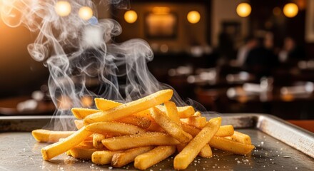 Inviting steamy french fries on a tray against a blurred restaurant backdrop creating a culinary