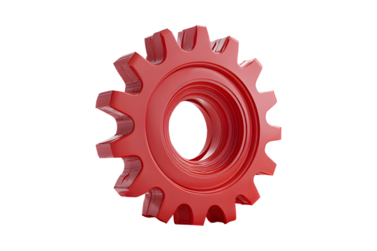 3D bright red gear cent isolated on cut out PNG or transparent background. Gear is bright red standing out against. God shape is distinct with bold red color. - Powered by Adobe