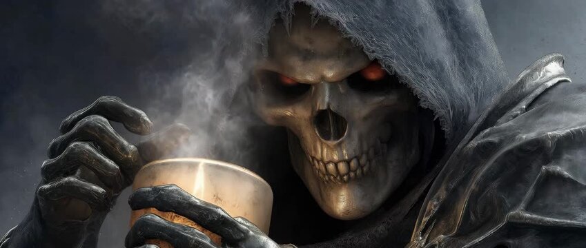 Hooded grim reaper holding a glowing candle, surrounded by smoke and shadow, symbolizing death, mortality, remembrance