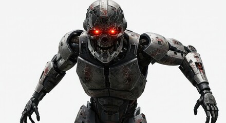 Menacing robotic figure with a skull-like face and glowing red eyes standing menacingly