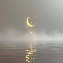 Golden crescent moon and stars hanging over serene water