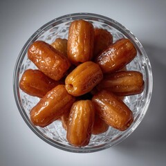 Delicious dates in a clear glass bowl on a white surface