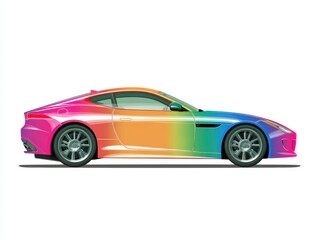 Fototapeta premium Colorful Sports Car Featuring A Vibrant Rainbow Gradient Paint Scheme Against A White Background