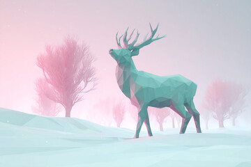 Geometric design deer standing in pastel winter landscape, soft colors and modern digital art style.
