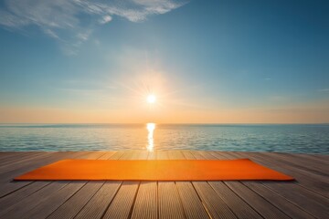 Bright sunrise yoga deck with panoramic ocean view orange and aqua palette light-streaked polished teak floor sun flare