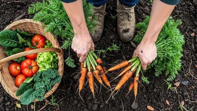 Soil-Covered Hands Harvesting Large Bunch of Carrots Next to Wicker Basket and Muddy Boots