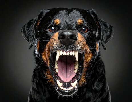 Close-up of a Rottweiler snarling aggressively at the camera with bared teeth