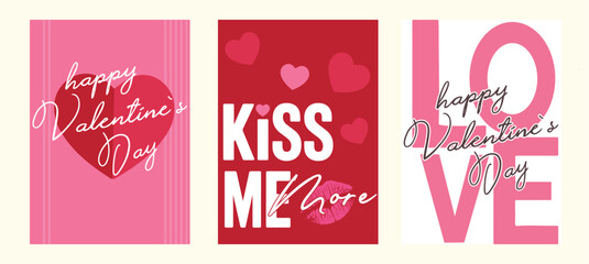 Three lovely Valentines Day cards express romantic feelings with hearts, a kiss print, and special messages