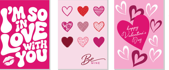 Three playful Valentines Day cards express love with bold typography, diverse heart designs, and romantic messages