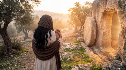 Mary Magdalene walking towards empty tomb at dawn with oil jar