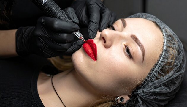 Cosmetic Lip Tattooing Procedure - A Close-Up of the Permanent Makeup Process.