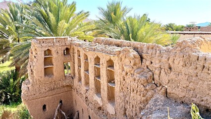 Historic Adobe With Palm Views, Timeworn Adobe Structures Overlooking Lush Palm Canopies From Terraces, Weathered Adobe Remnants Featuring Rich Golden Hues And Surrounding Palm Lined Terraces