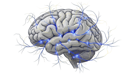 Human brain with glowing blue neural connections on black