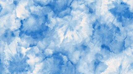 Abstract blue and white tie-dye pattern featuring seamless watercolor radial bursts