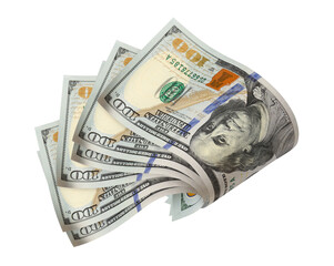 Flying hundred dollar banknotes, isolated on transparent cutout background