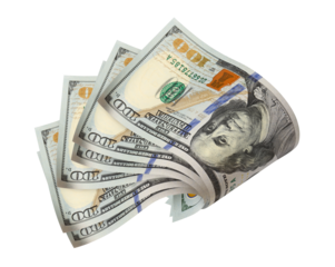 Flying hundred dollar banknotes, isolated on transparent cutout background