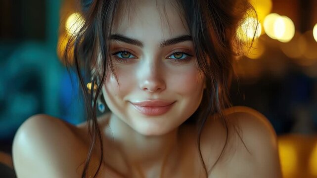 Classy gorgeous lady playing professional poker at a sophisticated casino setting in the evening with colorful lights creating a vibrant atmosphere