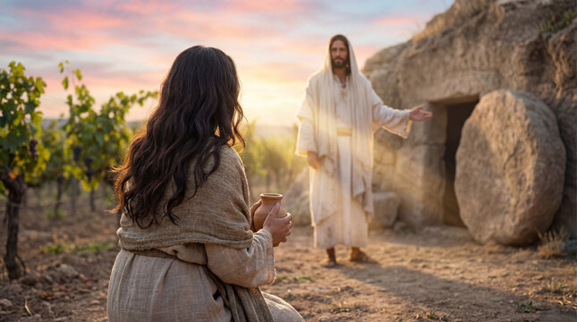 Jesus appearing to Mary Magdalene by stone tomb in vineyard at sunrise  