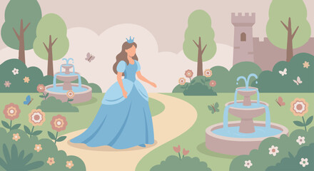 Princess in Royal Garden A flat vector illustration of a princess walking through a royal garden filled with flowers and fountains. Butterflies and greenery appear around her. © WealthyMinion