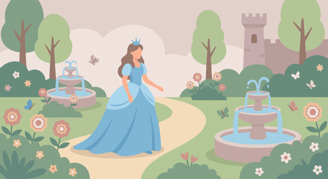 Princess in Royal Garden
A flat vector illustration of a princess walking through a royal garden filled with flowers and fountains. Butterflies and greenery appear around her.