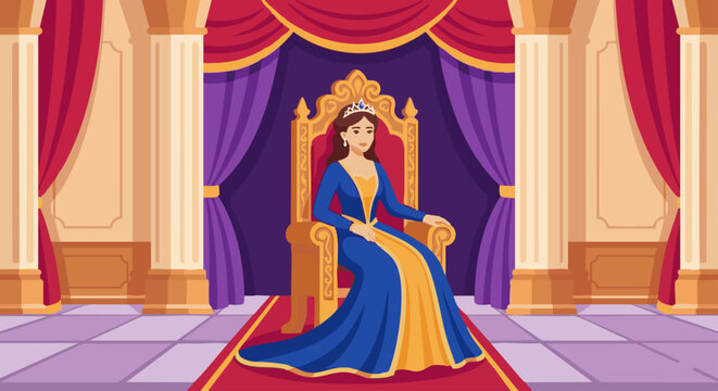 Princess Sitting on Throne
A flat vector illustration of a graceful princess sitting on an ornate throne, wearing a tiara and flowing gown. Simple palace interior with pillars and curtains. 