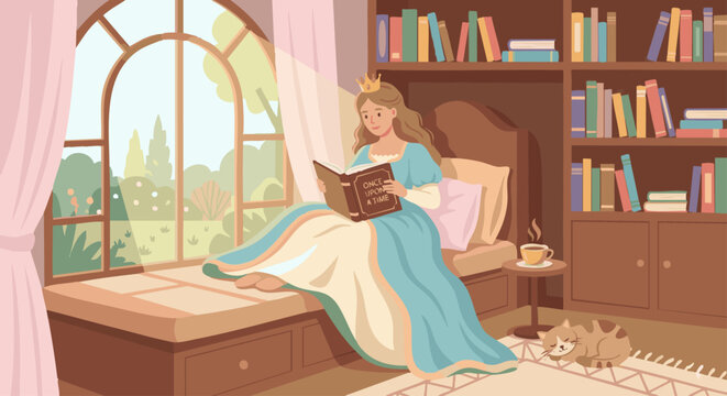 Princess Reading Storybook
A flat vector illustration of a princess sitting by a window or in a library, reading a storybook. Soft interior details like cushions and bookshelves. 