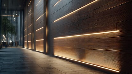 Business corridor lined with textured wooden wall panels illuminated by rim-light Shadows fall rhythmically across polished flooring reflections