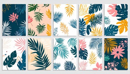 Obraz premium Colorful Tropical Leafy Pattern Collection - Vibrant Botanical Designs for Decor.