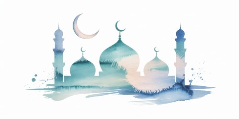 Watercolor mosque silhouette with minarets and crescent moon isolated on white background