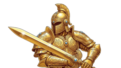 Golden armored knight warrior with sword standing strong