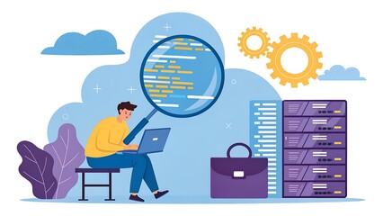 Flat vector illustration of a programmer analyzing code with server racks and a magnifying glass
