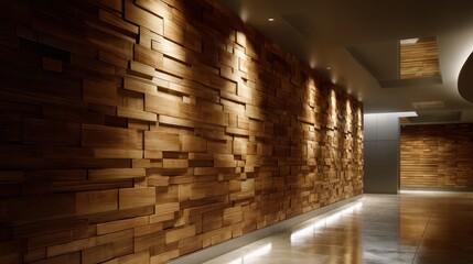 Business corridor lined with textured wooden wall panels illuminated by rim-light Shadows fall rhythmically across polished flooring reflections