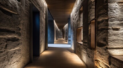 Business corridor showcasing textured stone walls illuminated by side-light Shadows add depth across polished flooring brilliance enriches metallic