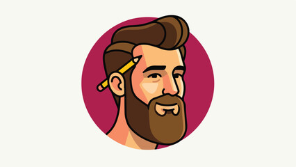 Cartoon portrait of a man with a pencil behind his ear.