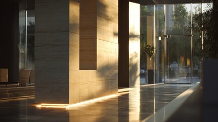 Business lobby showcasing minimalist stone column illuminated by rim-light Polished flooring reflects brilliance subtly shadows remain natural and