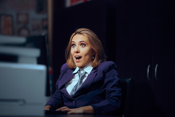 Happy Excited Office Worker Feeling Thrilled and Overjoyed. Surprised businesswoman receiving a good news via email
