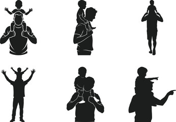 Father Carrying Child on Shoulders Silhouette Set &ndash; Happy Family Moment Vector