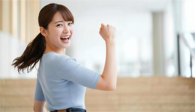 振り返りながら笑顔でガッツポーズをするポニーテールの女性