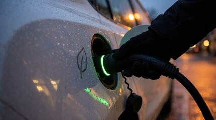 Close up of hand charging electric car vehicle with green energy cable