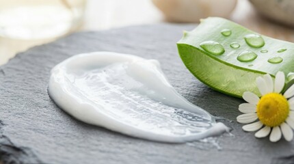 Natural skincare cream texture smear with aloe vera and flower