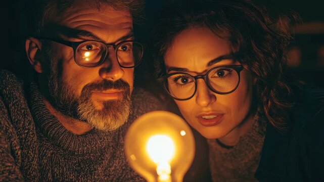 Couple working together to change a light bulb at home during evening hours under soft warm lighting