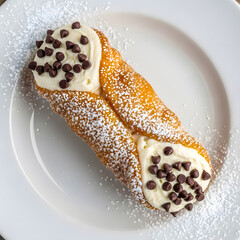 Two cannoli pastry shells filled with sweet ricotta cheese and chocolate chips