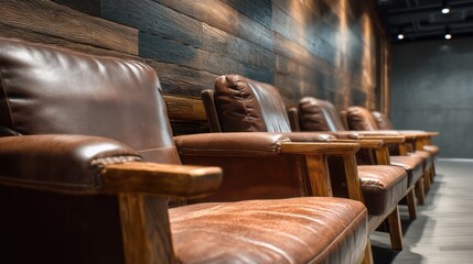 Business waiting area with leather chairs arranged neatly against textured wooden wall Top-light enhances grain reflections glow subtly
