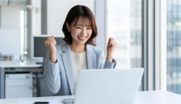 職場でノートパソコンを使い成果に喜ぶビジネスウーマン