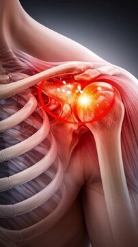 Shoulder pain anatomy aging joint chronic disease art medical illustration of inflamed ligament tendon muscle bone skeleton ribcage and shoulder pain anatomy aging joint chronic disease illustration