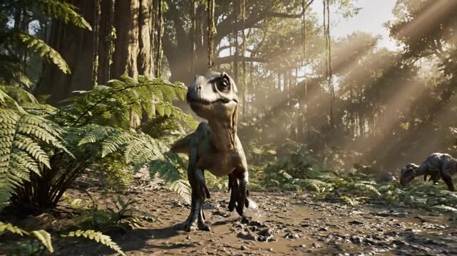 Baby dinosaur emerges from egg in lush jungle environment, prehistoric creature habitat concept